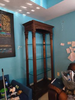 Tall Dark Wood Etagere with Glass Shelves