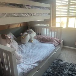 White Bunk Bed Twin Over Full W/Storage Stairs 