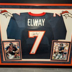 Framed & Signed John Elway Jersey with Photos 