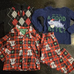 2T Toddler Boys Christmas Clothes Pullover Sweater Red Mickey Mouse Plaid Pajamas Long Sleeved Shirt