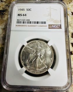 1945 U.S. WALKING LIBERTY SILVER HALF DOLLAR UNCIRCULATED 50c COIN (NGC-Graded MS64)