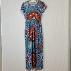 Coeur De Vague Women’s Medallion Pocket Maxi Dress Blue Print Size Medium NWOT