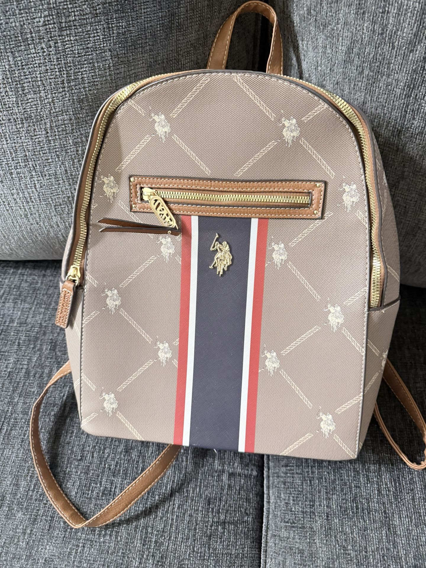 Polo Ralph Lauren Backpack – Brown/Beige with Red & Navy Stripe