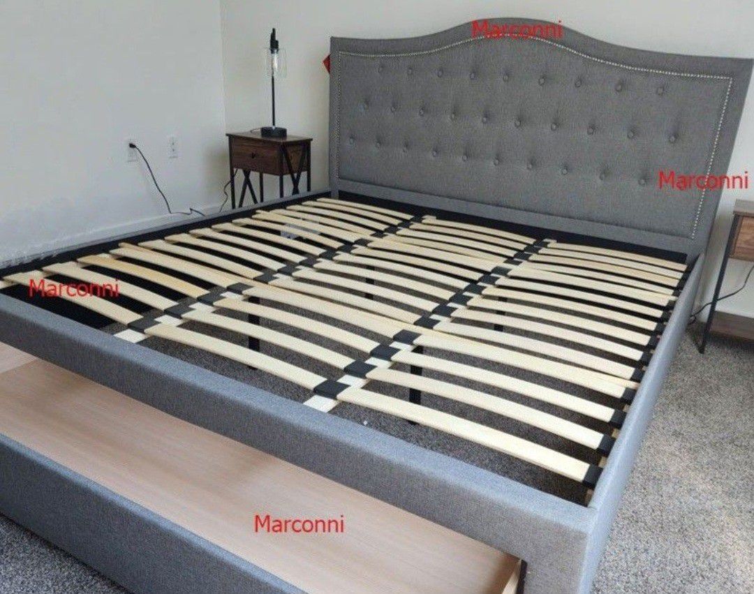 Brand New King Size Grey Linen Upholstered Platform Bed Frame +Storage Drawer (New In Box) 