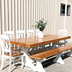 Custom Dining Table Farmhouse Country French Modern Rustic Solid Wood Set Restoration Hardware Insp Bench Hand Built Round Oval Counter Breakfast  