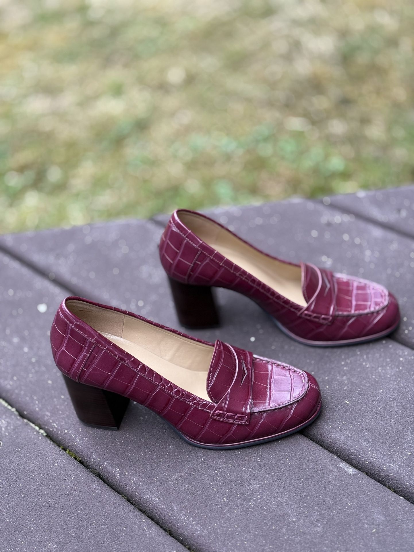 Michael Kors Burgundy Croc-Embossed Block Heel Loafers (Size 7.5M)