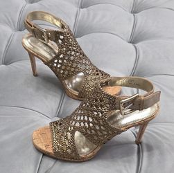 Donald J Pliner Sania Stiletto Caged Sandals Gold Leather Womens Shoes Heels 6.5