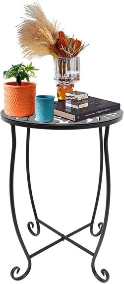 (2) Black Metal Folding Side Table with Monstera Pattern