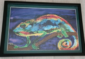 Framed Chameleon Print by local artist Aubrey Sanchez - Reptile decor, primary color decor.