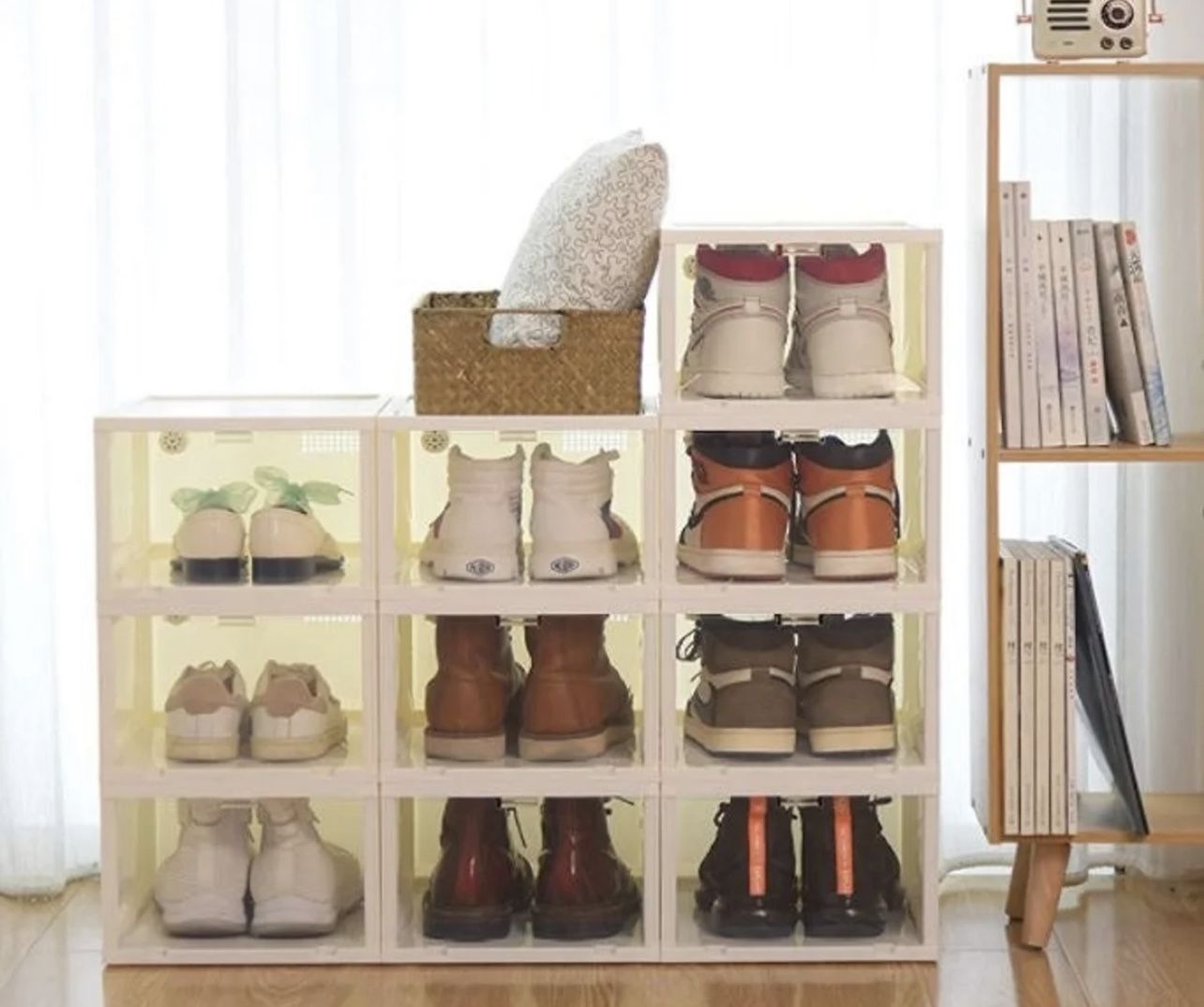 New In Box 12 Shoe Storage Box Plastic Stackable Shoe Container Off White