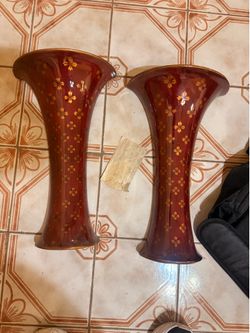 Vintage Amber Glass Vases – Set of 2 Floral Etched Mid-Century Decor