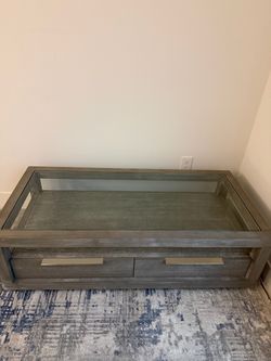 Gray Wood Coffee Table with Glass Top and Drawers