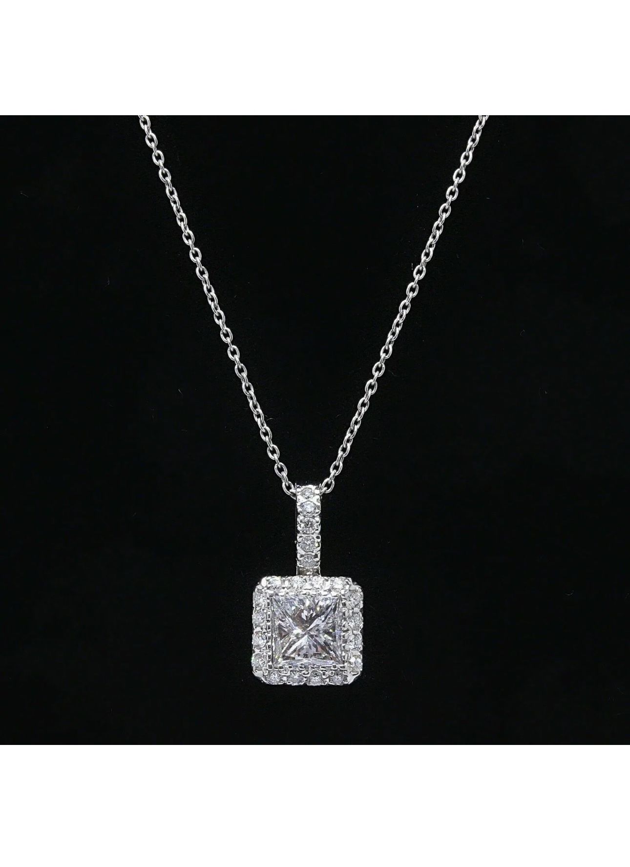 Princess Cut Diamond Pendant Necklace Halo Design in 14k White Gold