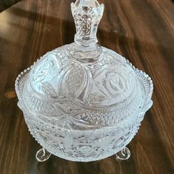 Beautiful Ornate Vintage Heavy Lidded Crystal Candy Dish w 3 Support Legs