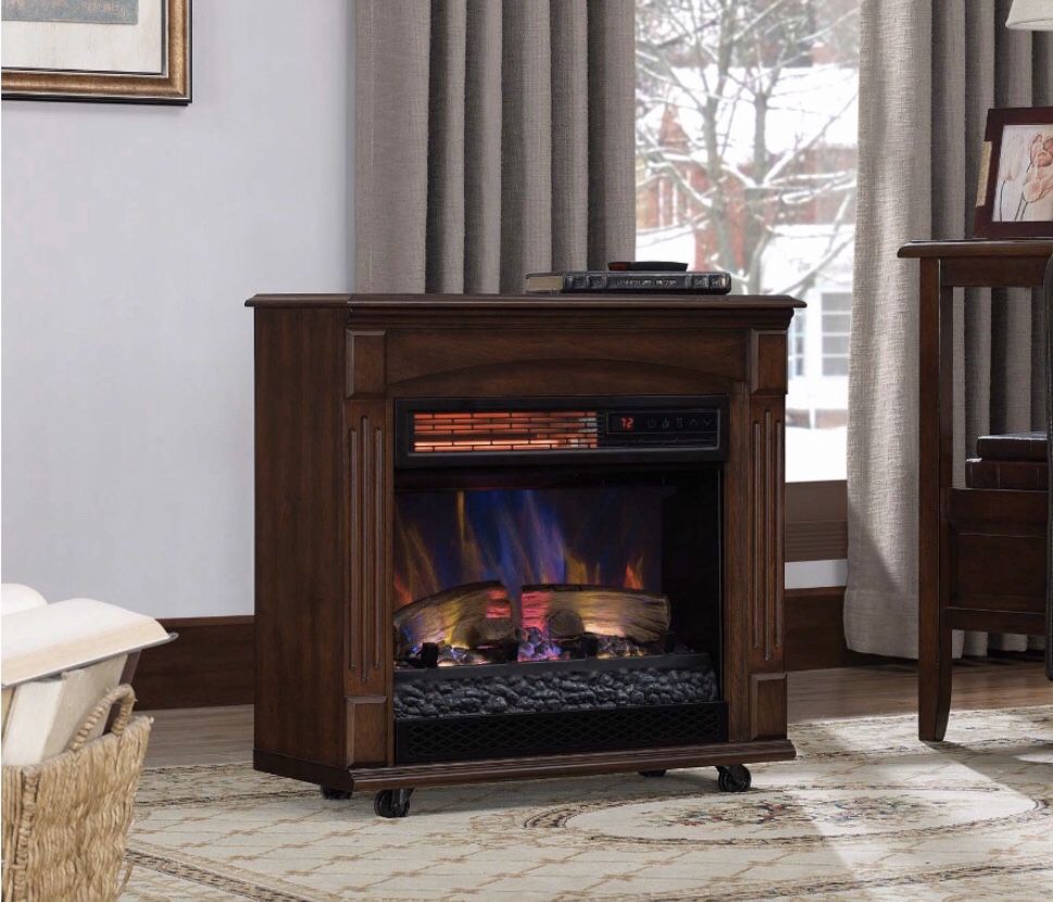 NEW - Rolling Mantel, Infrared Quartz Electric Fireplace, Space Heater