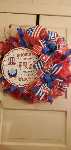 “Gnome of the free because of the brave” gnome 4th of July patriotic wreath