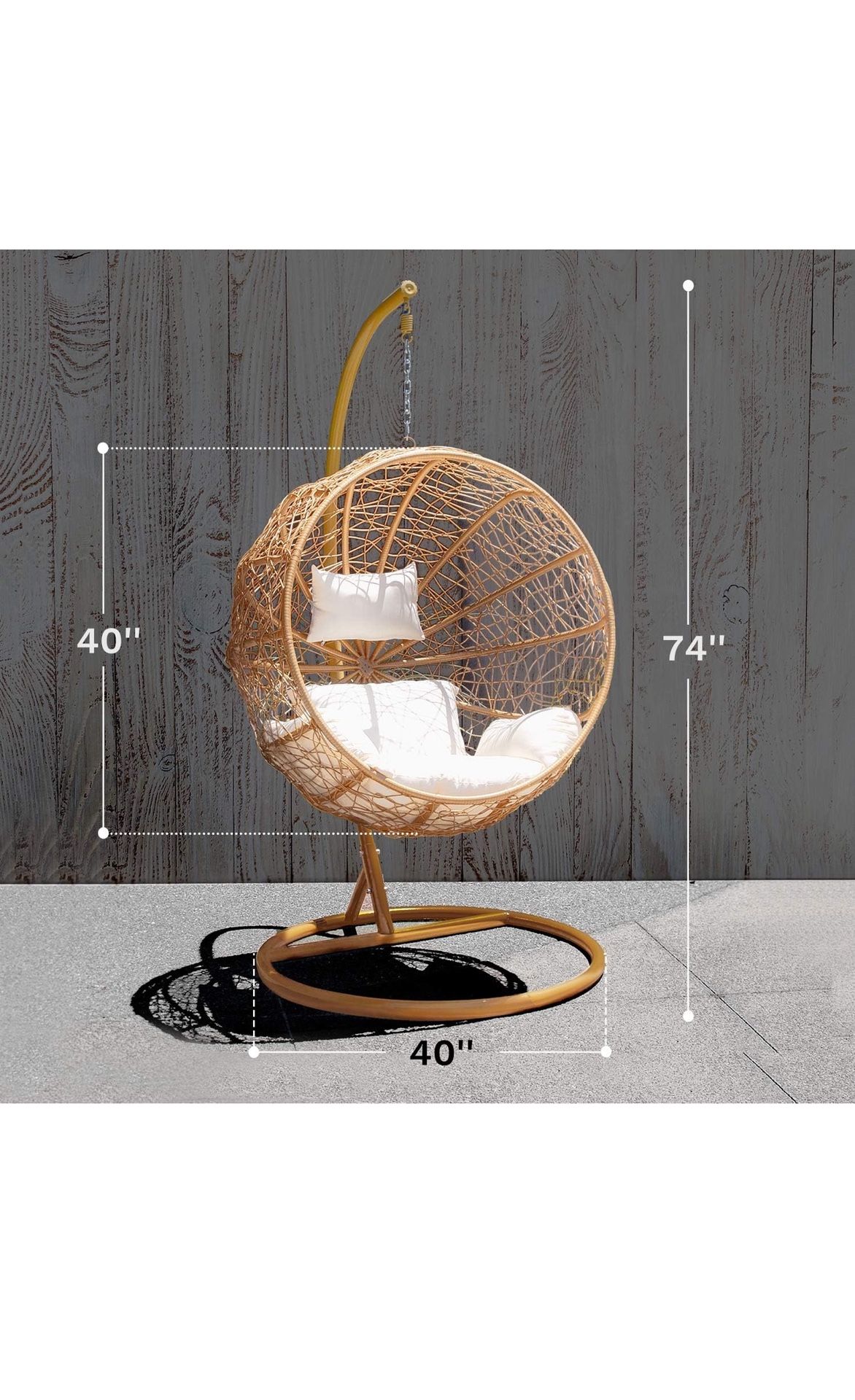 Golden Patio Swing Chair Outdoor Cute Golden Nest Wicker Plastic Swing Lounge Chair with Mat & Support Frame