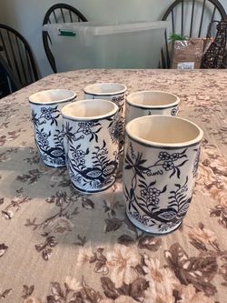 Set of 5 Blue and White Ceramic Cups