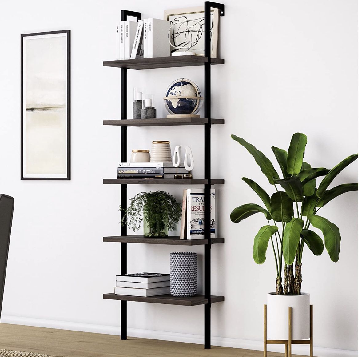 Theo 5-Shelf Wood Ladder Bookcase with Metal Frame, 5-Tier, Dark Walnut Brown/Black