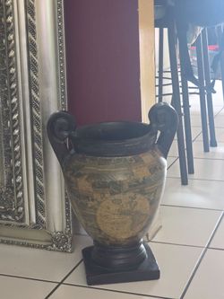 Large Decorative Urn Vase with World Map Design