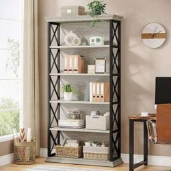 70.9 in. Tall Gray Wood 5-Shelf Etagere Bookcase with Metal Frame for Home Office.