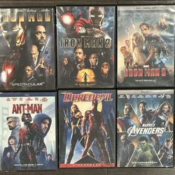 6 MARVEL DVD MOVIES THE AVENGERS, DAREDEVIL, ANT-MAN, IRON MAN 1, 2, 3
