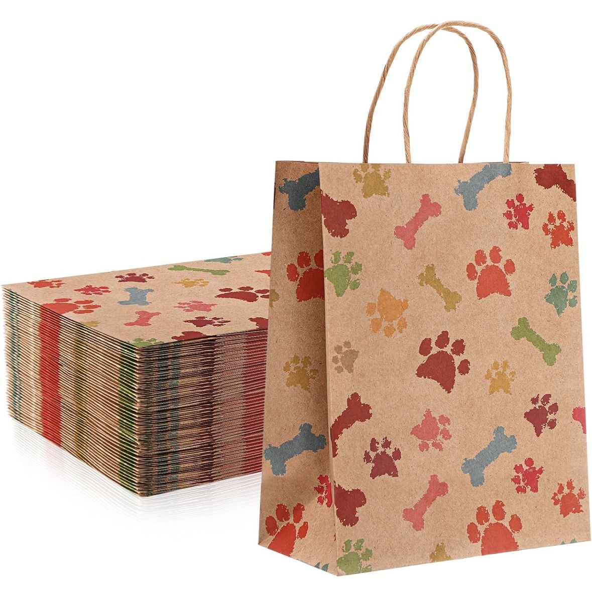 15 Dog Paw Print Gift Bags With Handles - 10.6 X 8.3 X 4.3” Kraft Paper Bags For Pet Treat Party