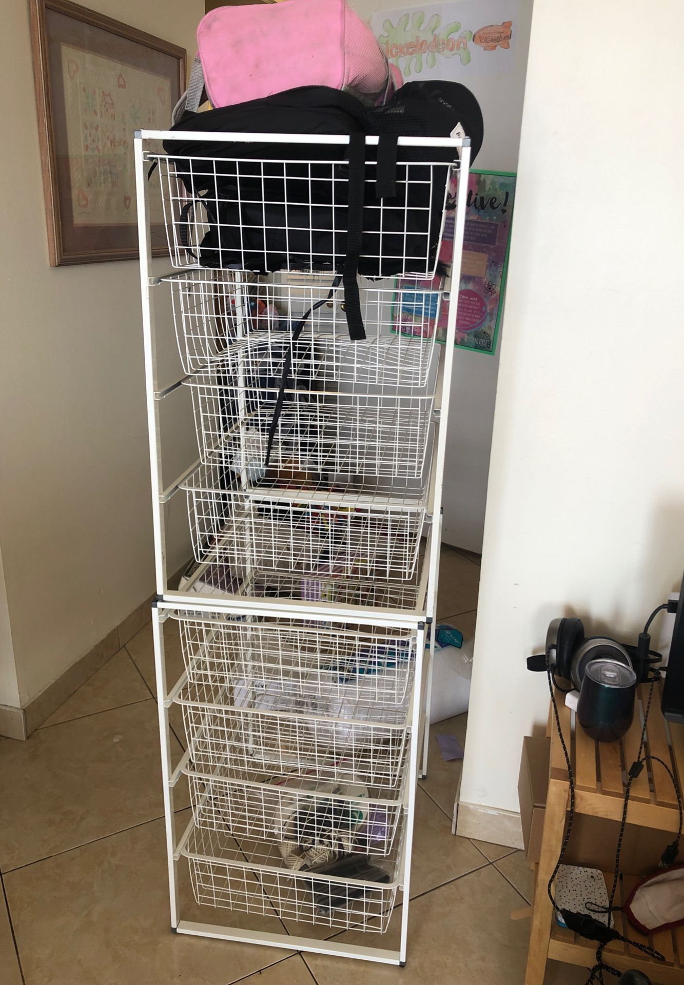 Storage closet organizer wire baskets