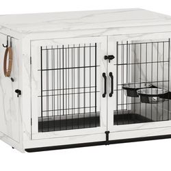 Wooden Dog Crate Furniture with 360°Rotatable Removable Dog Bowls, Dog Crate End Table with Tray, Double Doors Dog Kennels for Dogs(XL:43.2" L*28.6" W