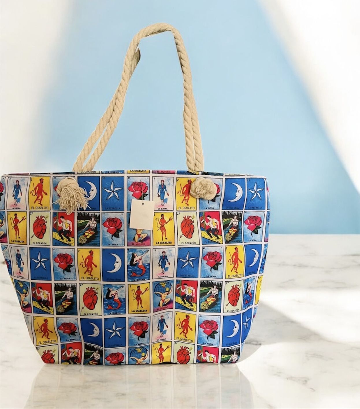 Mexico Style Lottery Tote Bag, Mexican Loteria Shopping Bag w/ Zipper