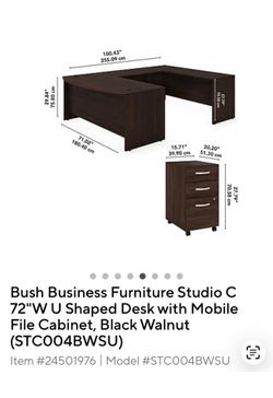 New/Executive U-Shaped Office Desk with Mobile File Cabinet – Black Walnut