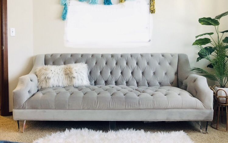 MOVING - Performance Velvet Tufted Grey Bella Dove Z Gallerie Designer Sofa!