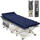 Camping cot with a single thin mattress.
