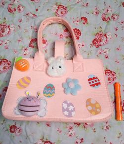 Cute Pink Kids Tote Bag with Plush Bunny and Easter Egg Accents