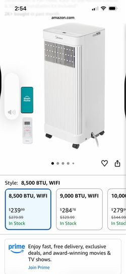 Midea 8,500 BTU ASHRAE (5,000 BTU SACC) Portable Air Conditioner, Smart Control, Cools up to 150 Sq. Ft., with Dehumidifier & Fan mode, Easy- to-use R