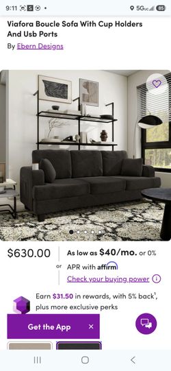 Modern Charcoal Bouclé Sofa with Cup Holders – New