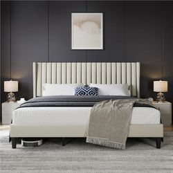 King Size Upholstered Platform Bed Frame - Ivory Bouclé / Fabric
