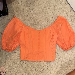 Orange Eyelet Puff Sleeve Crop Top