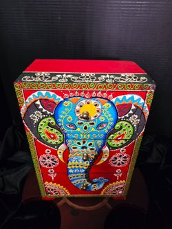 Boho hand-painted wooden jewelry box from India featuring a decorated elephant motif. 11.5"×7.5"×5"