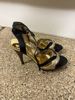 Michael Kors Heels Womens 9 Gold Black Leather Open Toe Buckle Ankle Strap Shoes