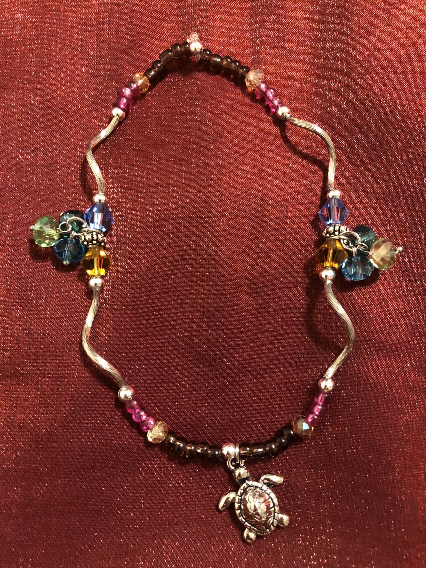 Beaded Anklet Silver Turtle Charm Glass Metal Beads Tubes