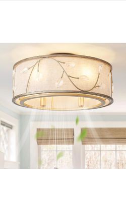 Brand New Gold Flush Mount Crystal Ceiling Fan with Lights, 20" Caged Retro Ceiling Fans Remote Control, Bladeless 6 Speeds for Living Room, Bedroom, 