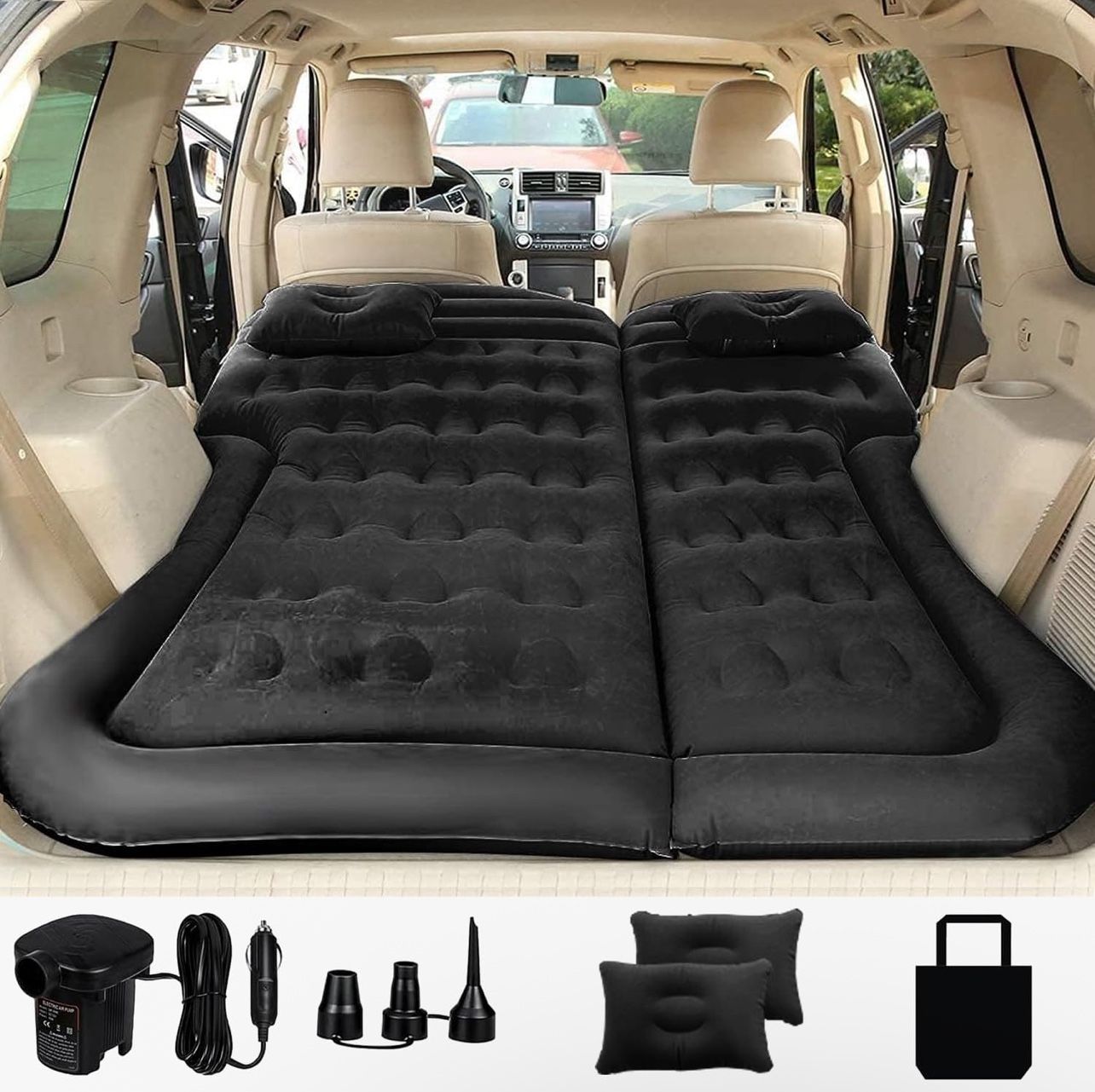 SAYGOGO SUV Air Mattress Car Air Bed Mattress, Black Inflatable, Thickened, Camping Bed, Cushion Pillow, with Electric Air Pump, Portable Sleeping Pad