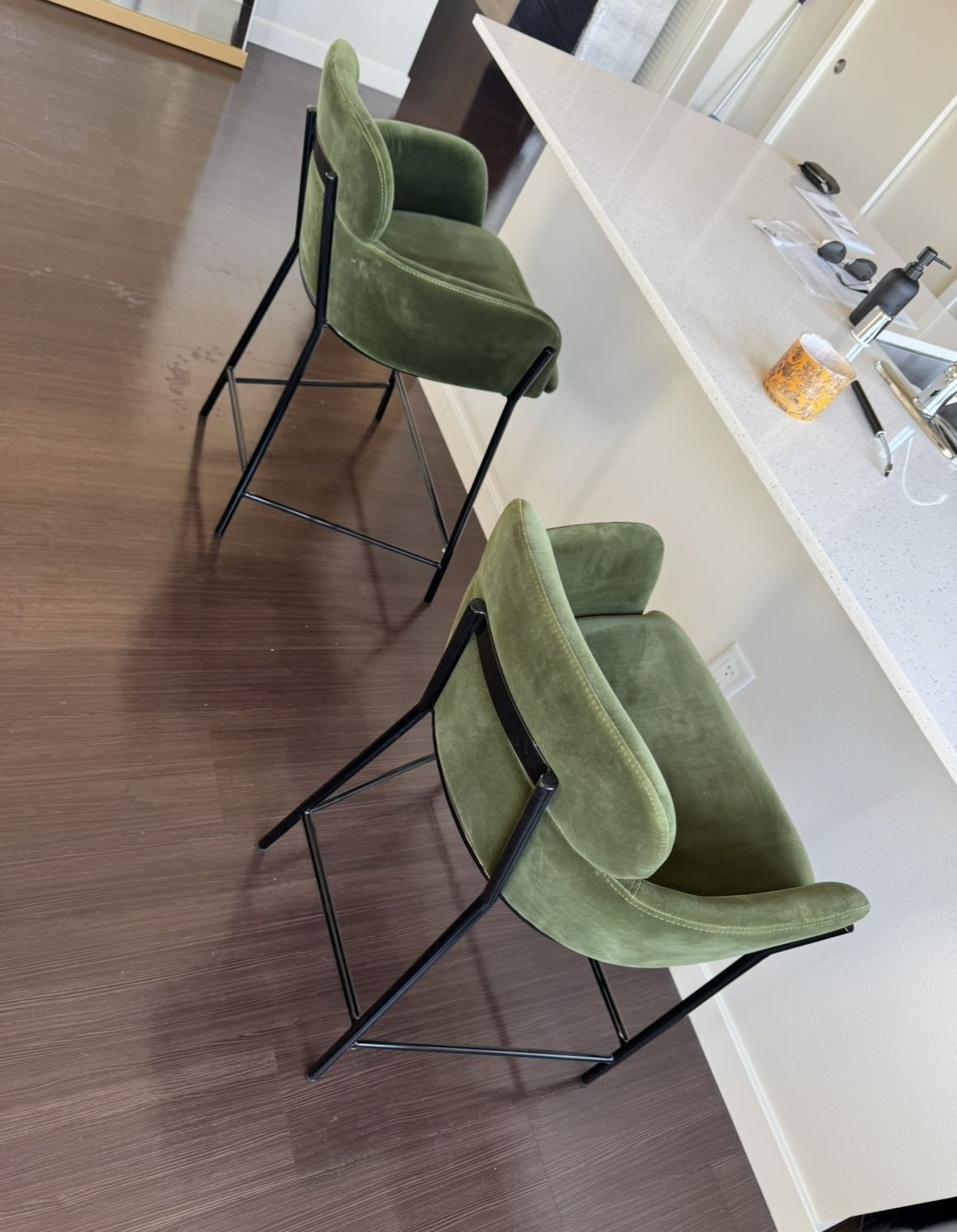 CB2 Azalea Upholstered Green Velvet Bar Stool Set Of 2