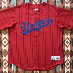 Vintage 90’s MLB Los Angeles Dodgers Double Pinstripes Red Jersey Men’s Large 
