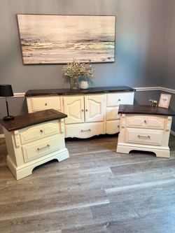 Beige dresser set and nightstands