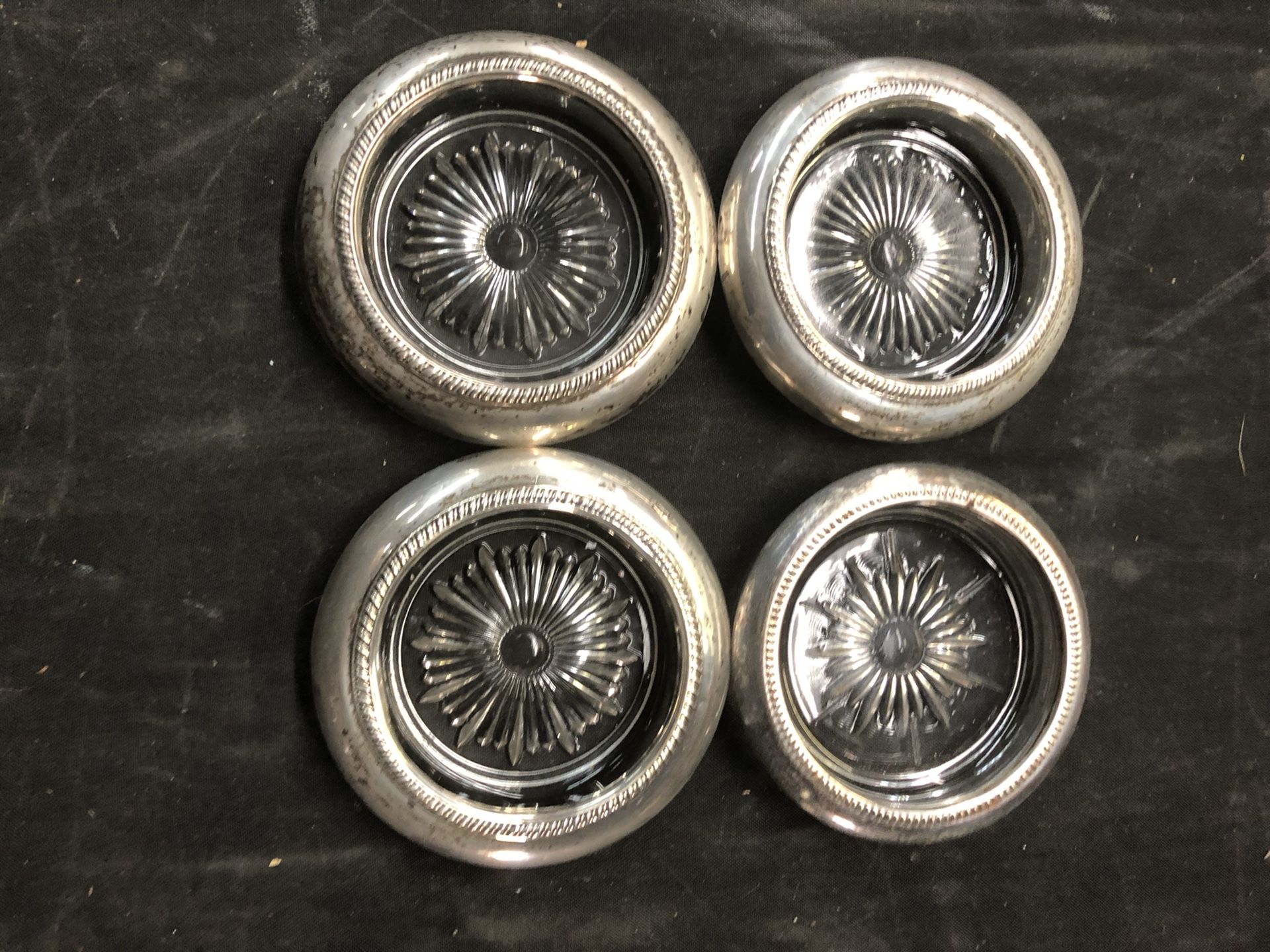 Antique silver-plate glass coasters