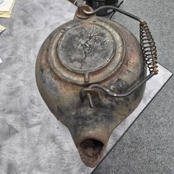 Antique Heavy Cast Iron Tea Kettle w/Very Heavy Cast And Hard To Find  Iron Trivet Type Base