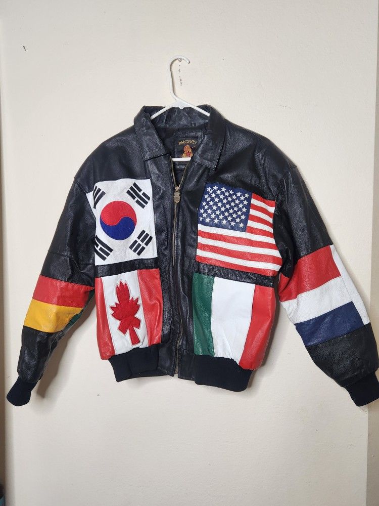 Rare Vintage Phase 3 World Flags AOP Leather Bomber Jacket. Size Medium. Collectible GRAIL Original