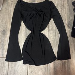 Black, long sleeve short dress with flared sleeves